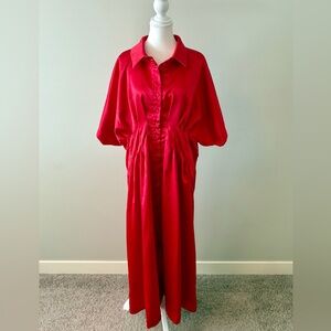 Anthropologie EXQUISE Maddox Satin Midi Shirt Dress – Red – 1X (BNWOT)